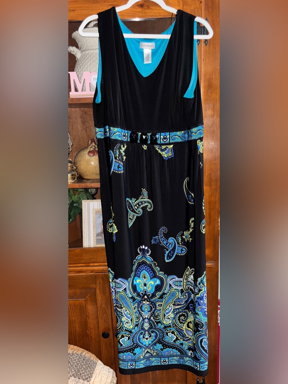 Catherines 1x Black Maxi Dress with Teal and Lime Paisley Accents